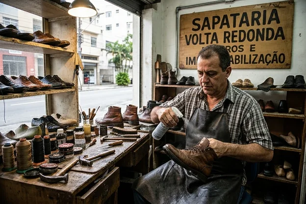 Sapateiro aplicando impermeabilizante em calçados em Volta Redonda.
