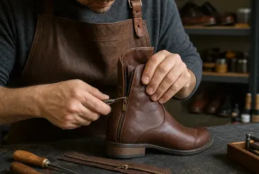 Sapateiro reparando o zíper de uma bota em Volta Redonda.